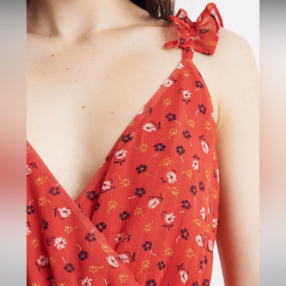 Madewell Ruffle-Strap Wrap Dress Metallic Striped Prairie Posies Red - Picture 4 of 14